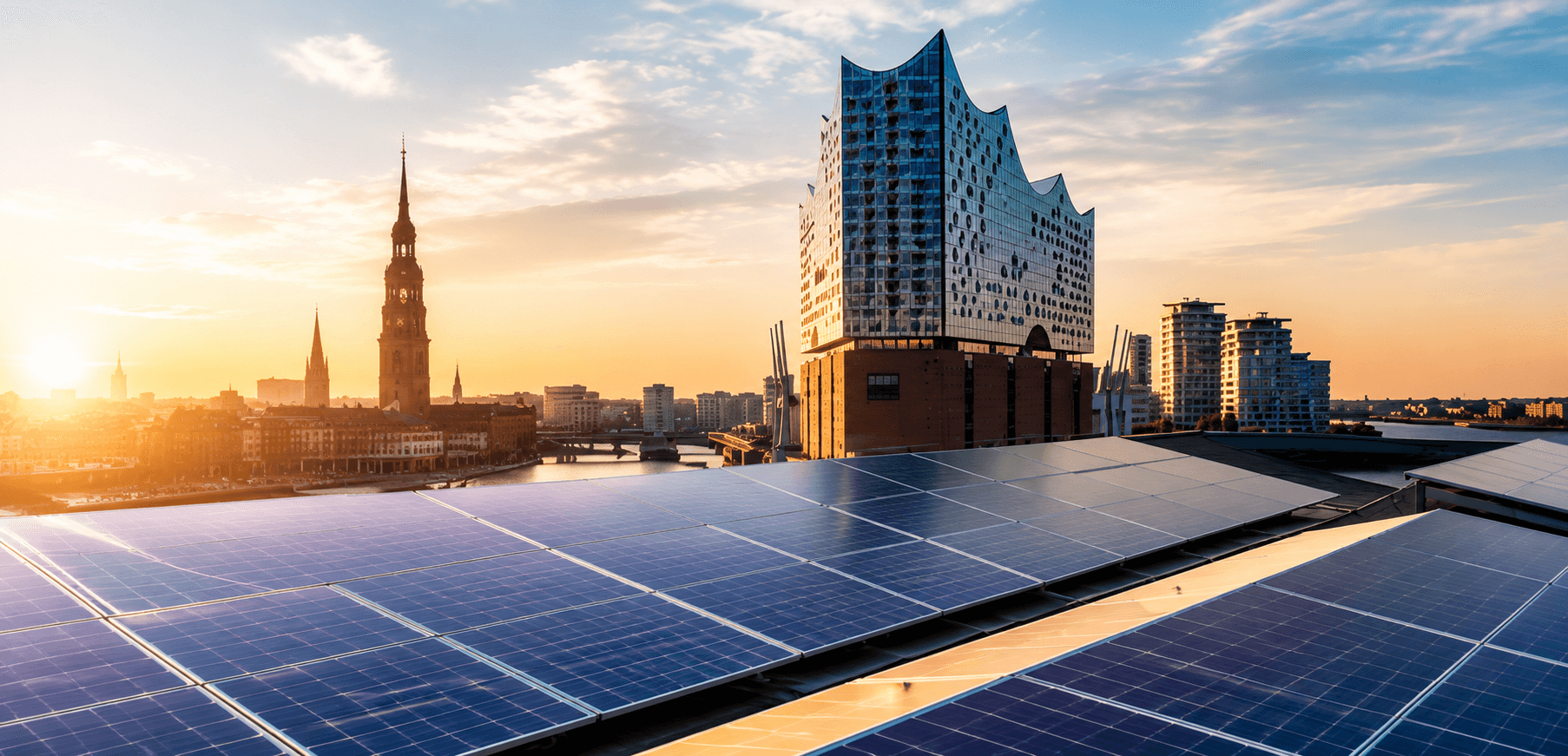 PV-Anlage in Hamburg mit Blick auf die Stadt