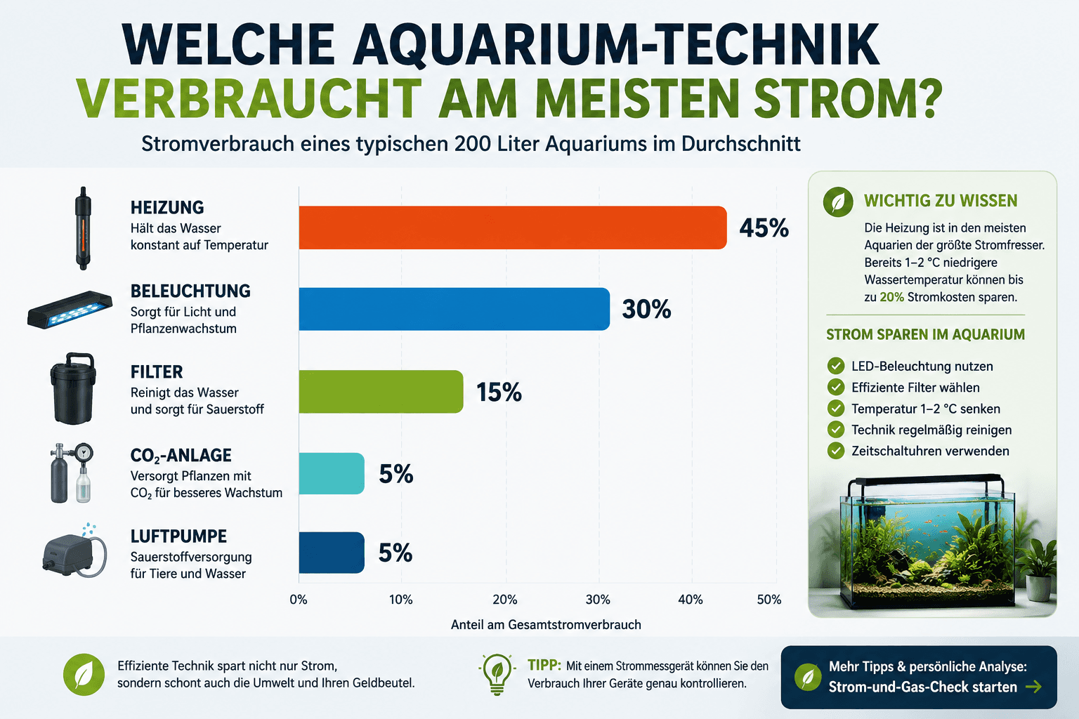 Infografik: Stromverbrauch verschiedener Aquarium-Komponenten – Heizung, Filter, LED-Beleuchtung im Vergleich