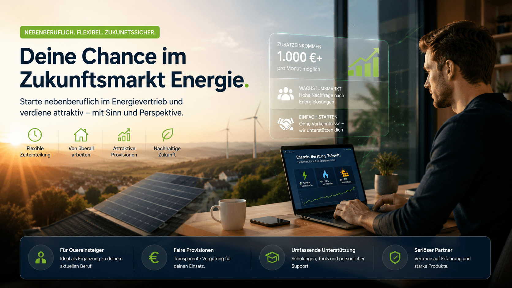 Nebenberuflicher Energievertrieb im Homeoffice mit Strom-, Gas- und Photovoltaik-Beratung im Zukunftsmarkt Energie.