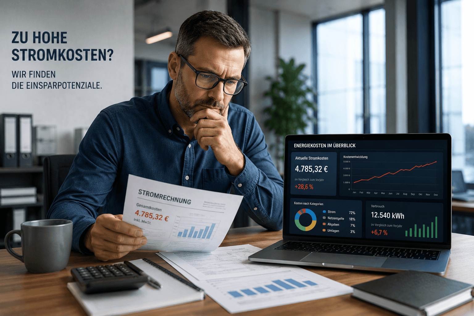 Gewerbestromkosten analysieren Unternehmer analysiert eine hohe Gewerbestromrechnung und sucht Einsparpotenziale für sein Unternehmen.