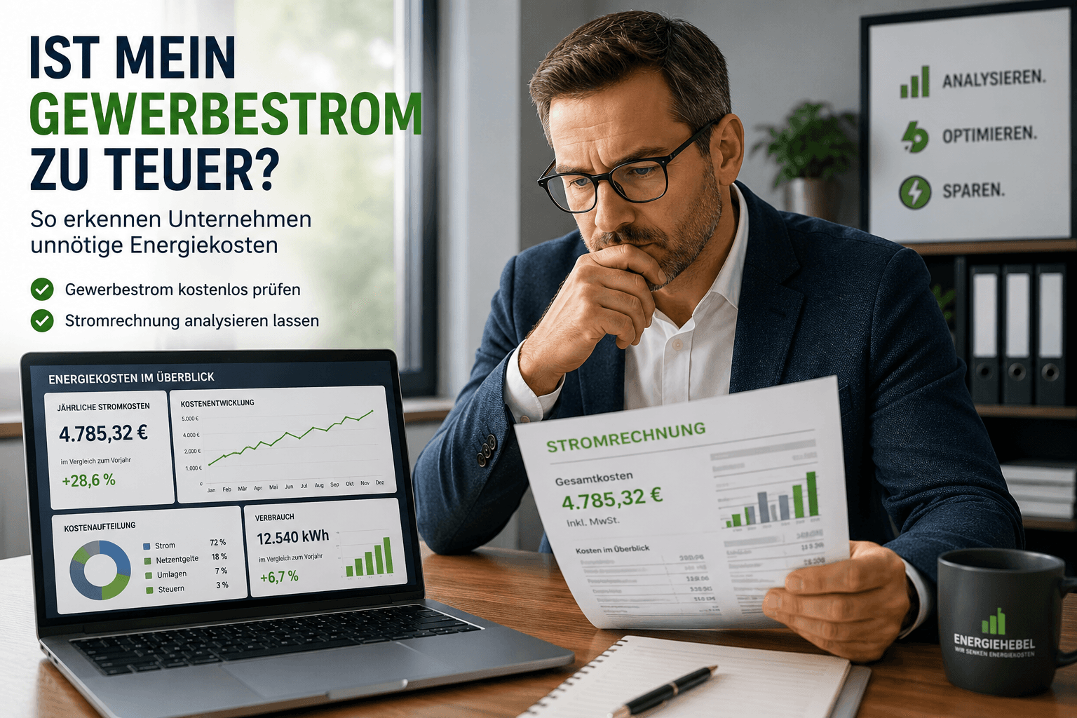 Ist mein Gewerbestrom zu teuer? Unternehmer prüft eine Gewerbestromrechnung und analysiert mögliche Einsparpotenziale bei Energiekosten.
